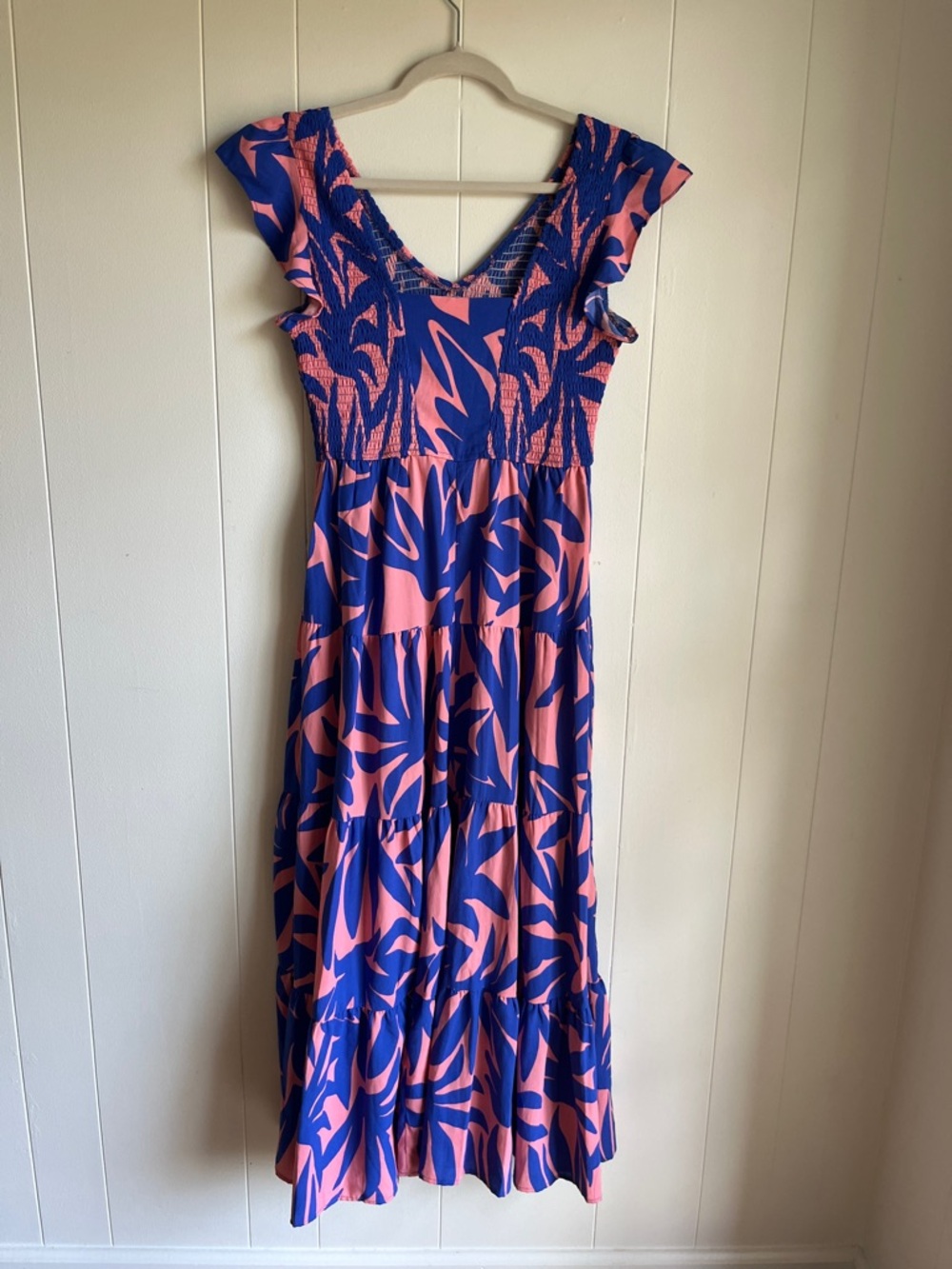Amazon Pink and Blue V-Neck Ruffle Tropical Beach Easter Maxi Dress Sz Med - Picture 5 of 7